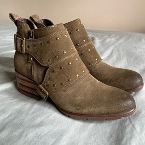Olive suede booties with heel. Size 8.5